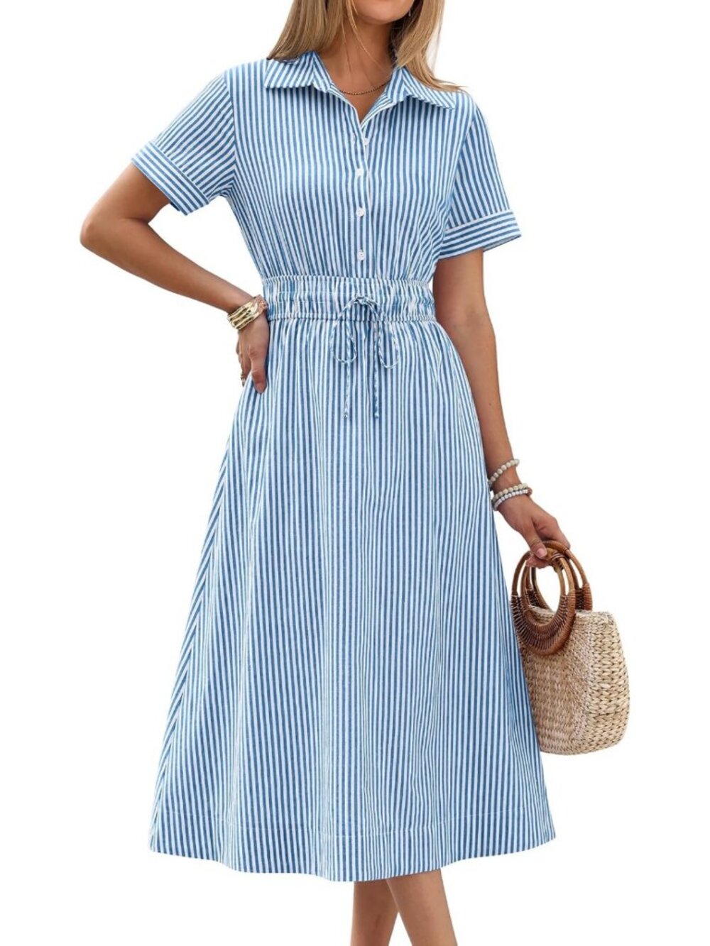 Summer Midi Dress for Women - Striped & Gingham A-Line Button-Up, Casual
